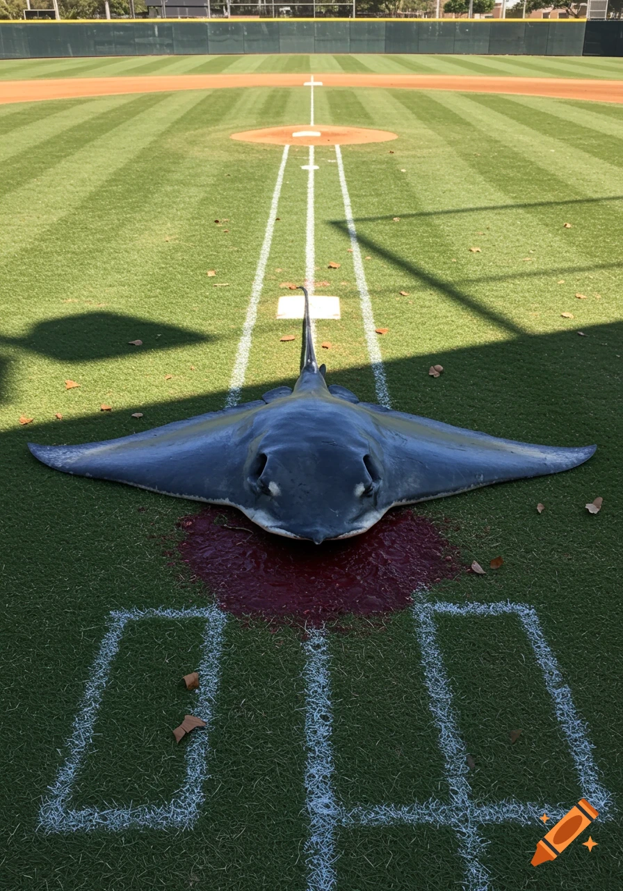 A large, dark dead devil ray lies on the green grass of a baseball field, with a pool of red liquid beneath its head. White field lines and the pitcher's mound are visible in the background.