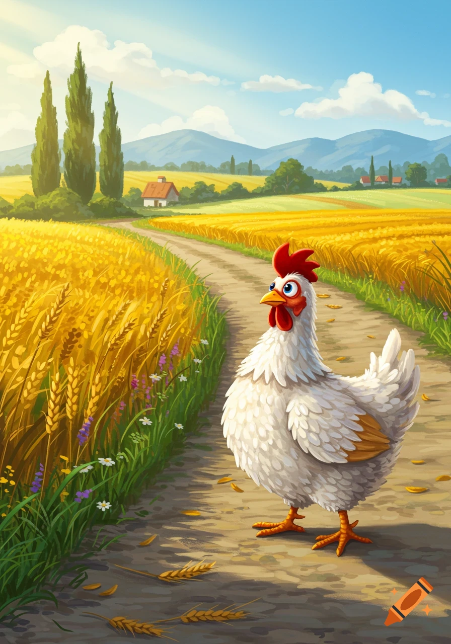 A cartoon chicken stands on a dirt path through a golden wheat field with mountains and a farmhouse in the background.
