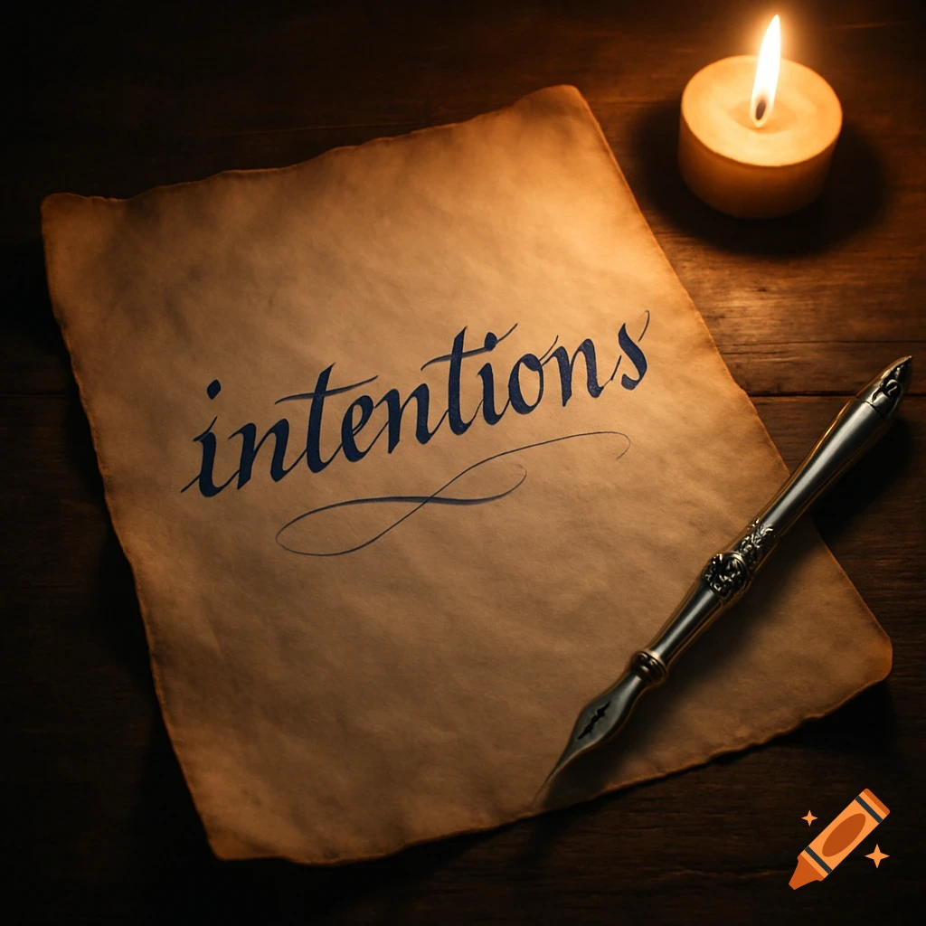 A vintage-looking paper with 'intentions' written on it, next to a quill pen and a lit candle on a dark wooden table.
