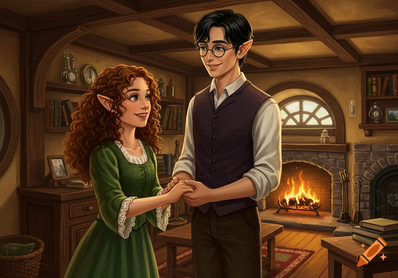 A fantasy illustration of a smiling elven woman and an elven man holding hands in a cozy, rustic home with a fireplace.