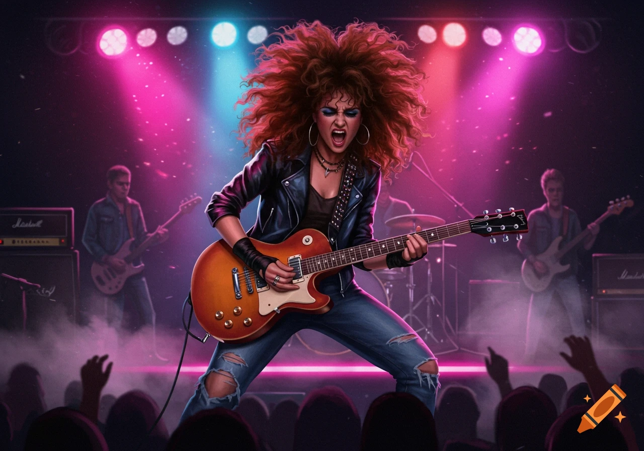 A vibrant illustration of a female rock guitarist with big curly hair performing on stage with her band under colorful lights.