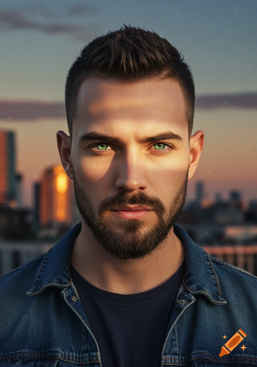 Photorealistic portrait of a man with a buzz cut, beard, and striking green eyes, standing on a rooftop with a city skyline at sunset.