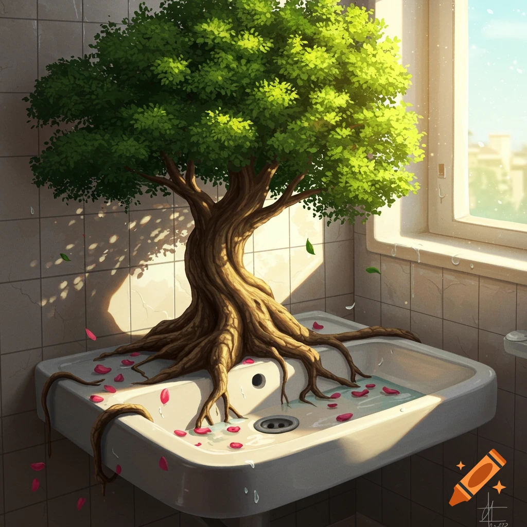 A vibrant green tree with thick roots growing out of a white bathroom sink, with rose petals and water in the basin.