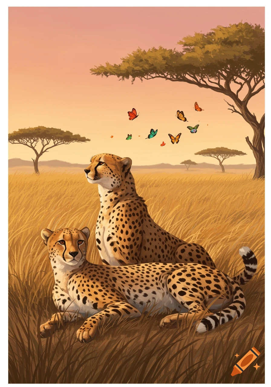 Two cheetahs resting in a golden savanna with butterflies flying overhead at sunset in an illustrative style.