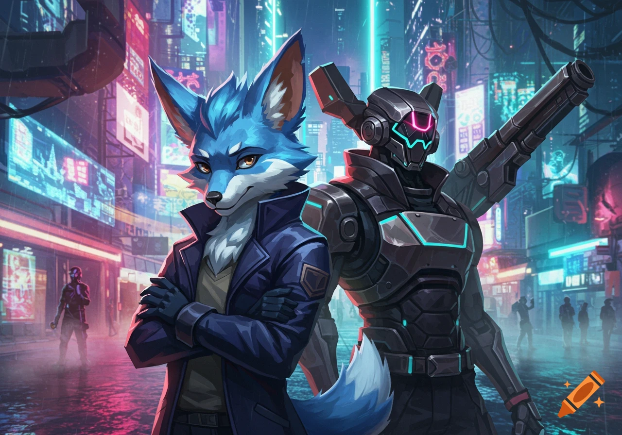 A blue furry character and a dark robot stand in a neon-lit cyberpunk city at night.