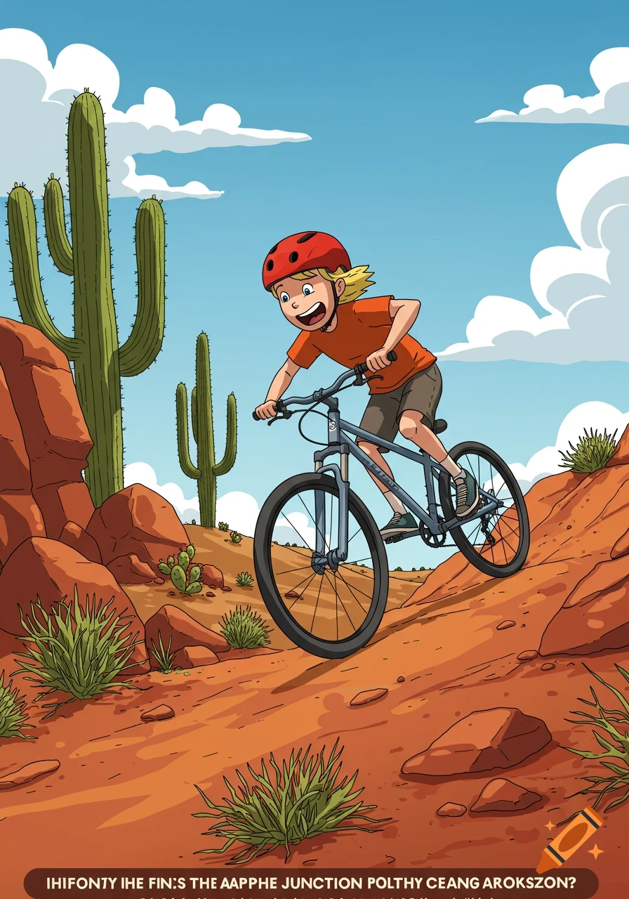 A cartoon of a blonde boy in a red helmet and orange shirt riding a mountain bike downhill through a rocky desert landscape with saguaro cacti under a blue sky.
