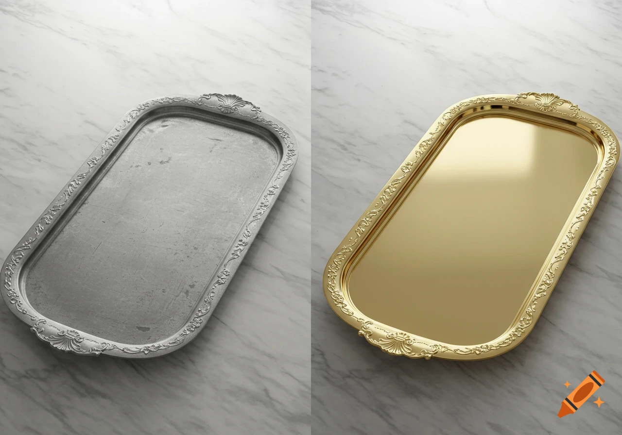 Two rectangular decorative trays, one silver and one gold, with ornate borders, displayed side-by-side on a white marble surface.