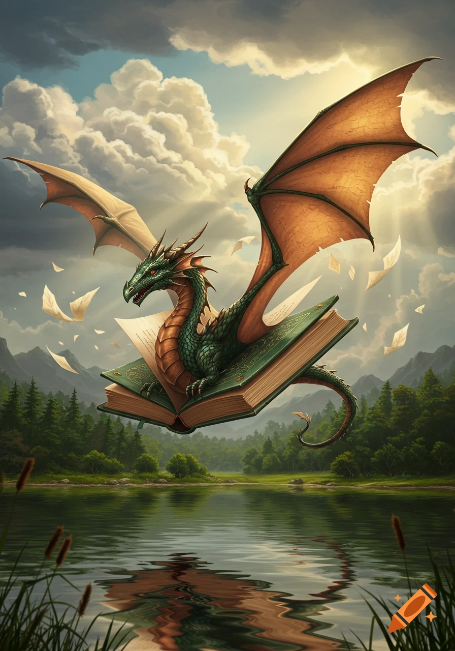 A green dragon with orange wings flies above a lake, resting on an open book with pages scattering in the cloudy, sunlit sky over a forest and mountains.