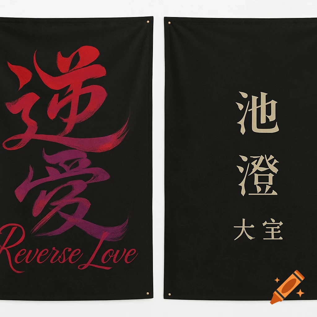 Two black tapestries hanging on a wall; the left features red and purple Chinese characters for 'Reverse Love' with 'Reverse Love' in cursive script below, and the right has beige Chinese characters '池澄' and '大宝'.