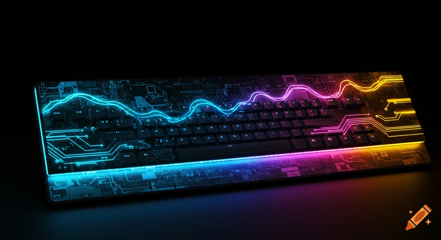 A dark, close-up, high-angle shot of a futuristic black computer keyboard with vibrant, glowing circuit board patterns and rainbow-colored neon light waves across its surface.