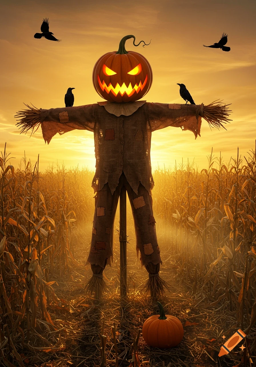 A spooky pumpkin head scarecrow in a cornfield at sunset, with ravens flying and a small pumpkin on the ground.
