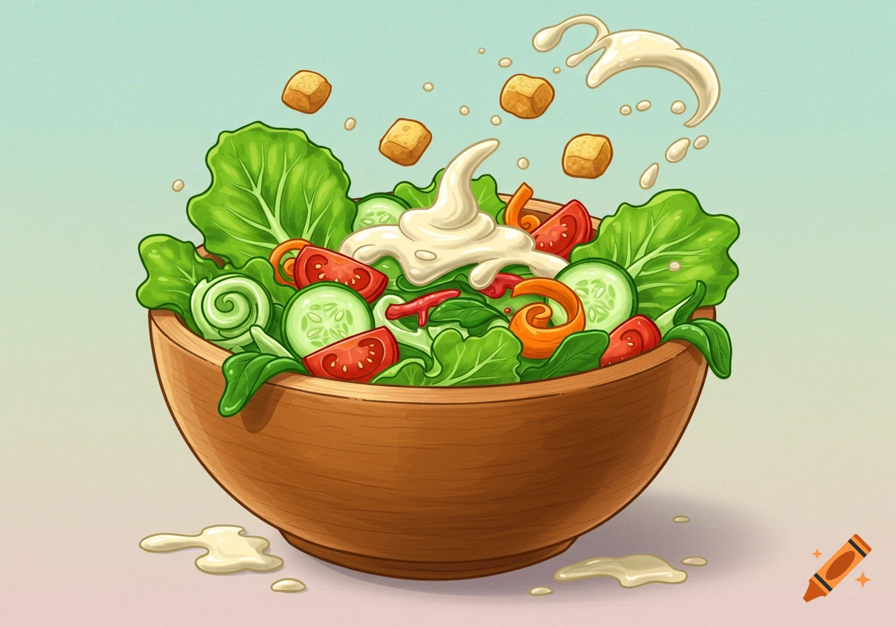 An illustrative bowl of green salad with sliced cucumbers, tomatoes, and orange spirals, topped with dressing and croutons.