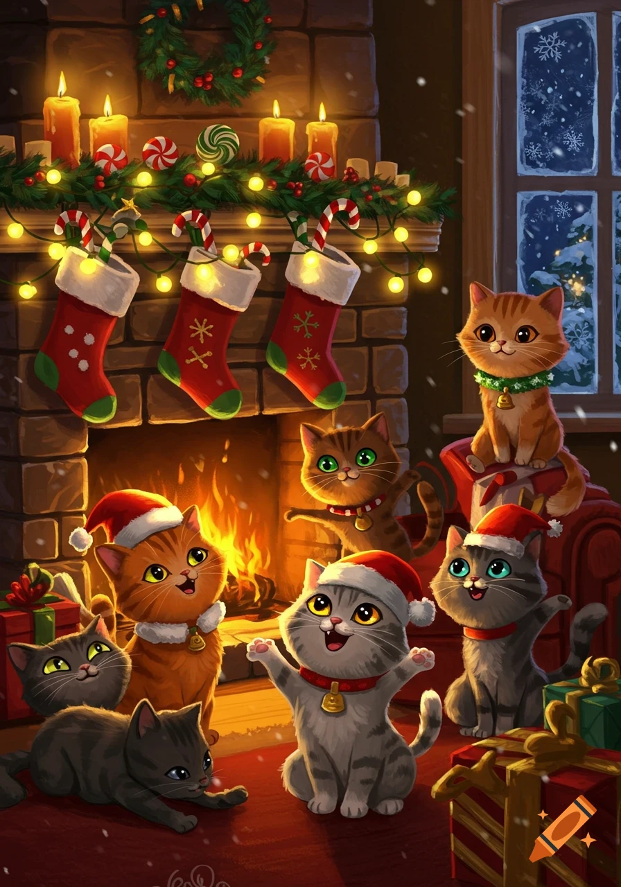 Animated cats in Santa hats celebrate Christmas by a fireplace with stockings and presents, as snow falls outside a window.
