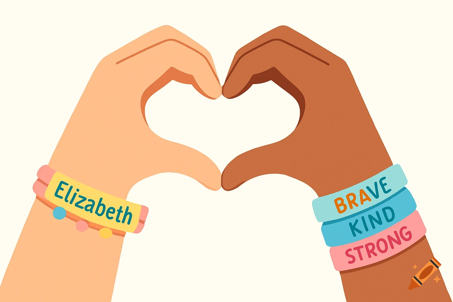 Two hands, one light-skinned and one dark-skinned, form a heart shape, wearing colorful friendship bracelets with text 'Elizabeth', 'BRAVE', 'KIND', 'STRONG'. Illustrated style.