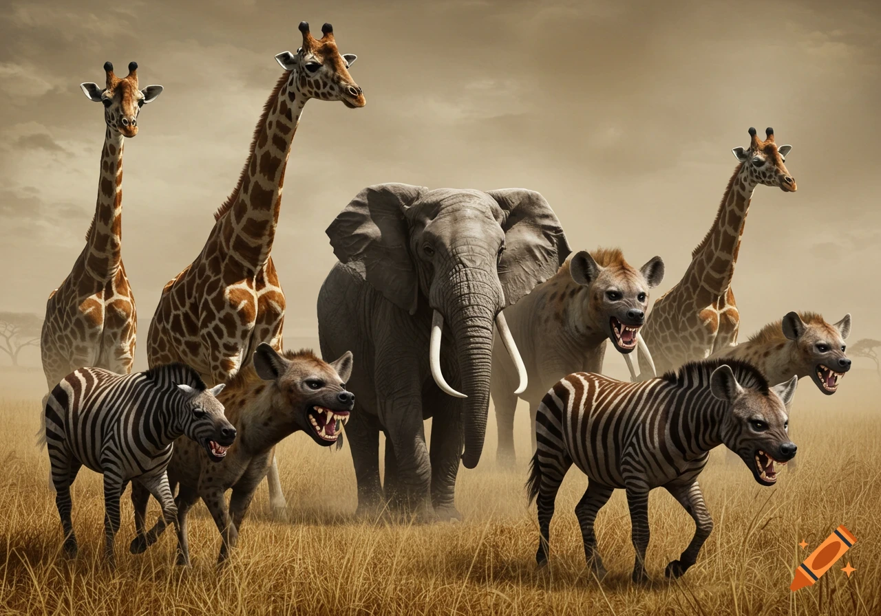 A group of aggressive safari animals including giraffes, an elephant, and zebra-hyena hybrids in a dry grassy landscape.