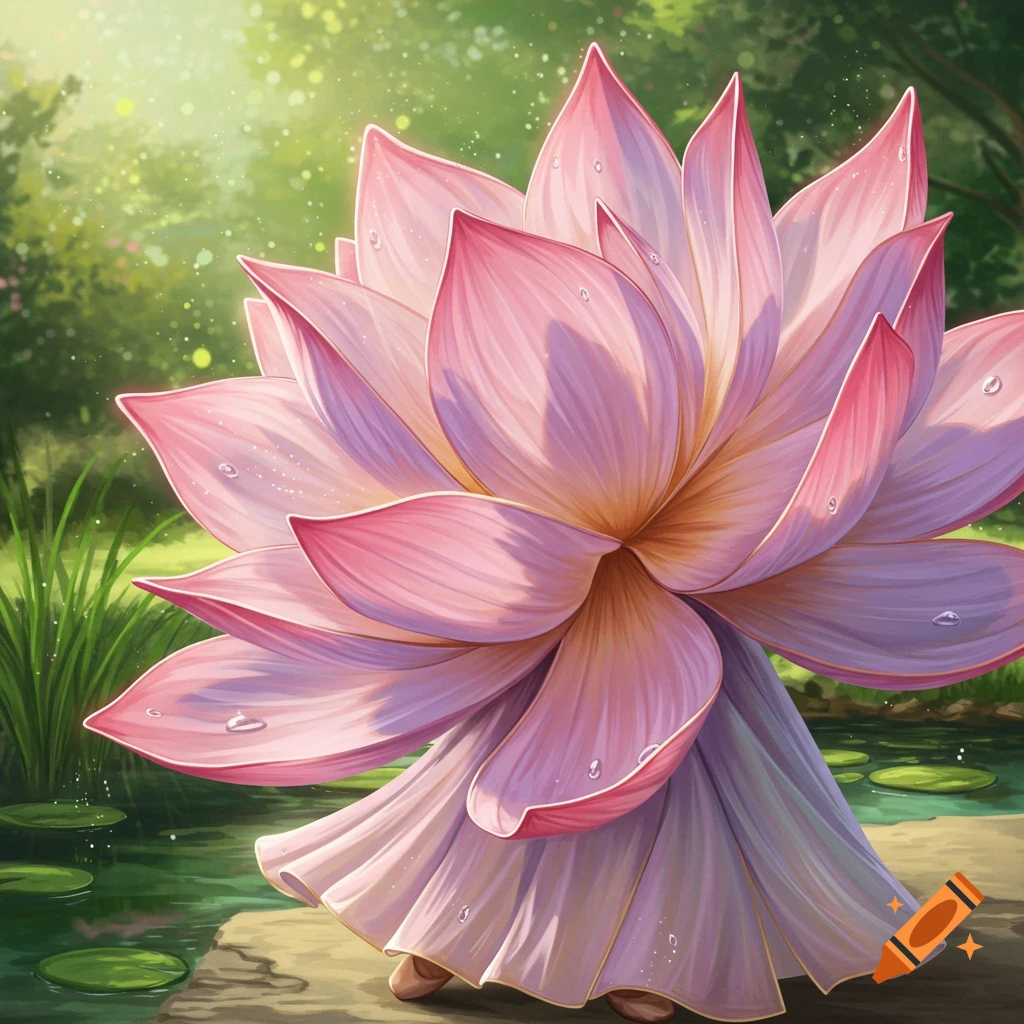 A person wearing a large, layered pink lotus flower costume stands on a stone path next to a pond with lily pads in a lush, sunlit garden.