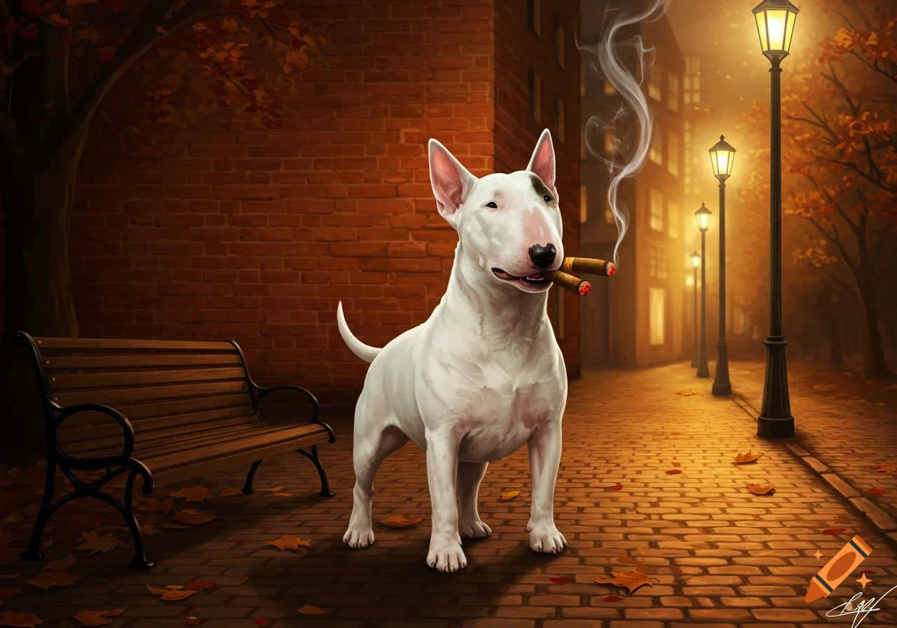 A white Bull Terrier dog with a black patch over its eye holds two lit cigars in its mouth, standing on a cobblestone path in an autumn city scene at dusk with glowing street lamps.