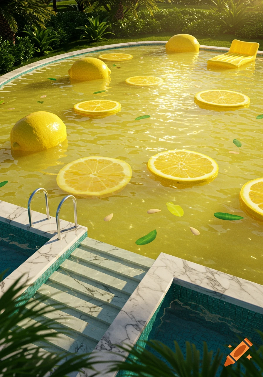 A swimming pool filled with yellow lemonade, with whole lemons and lemon slices floating on the surface.