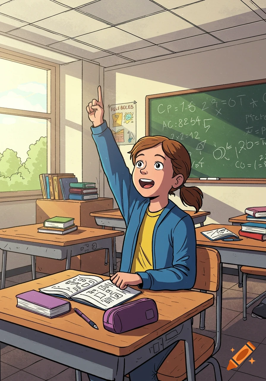 A happy comic book style illustration of a young student with a ponytail sitting at a desk in a classroom, raising their hand. Books are on the desk and other desks, and a chalkboard with equations is in the background.