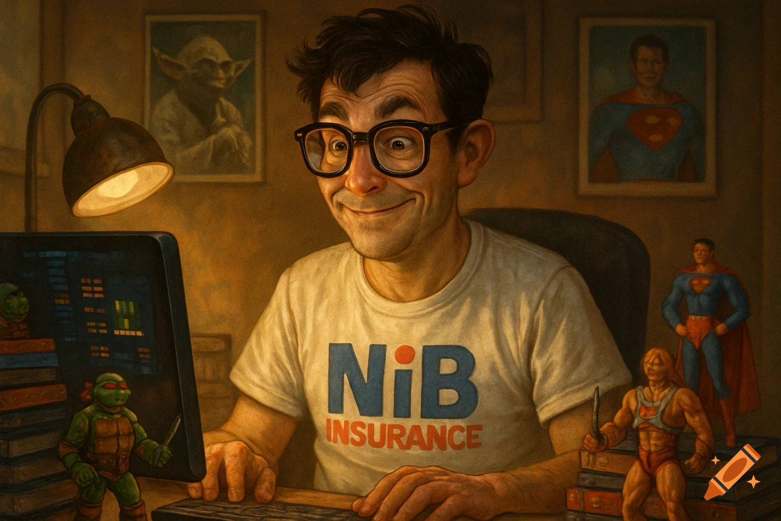 A smiling man in glasses and a 'NiB INSURANCE' shirt at a computer, surrounded by pop culture figures like He-Man and Superman, in a digital painting style.