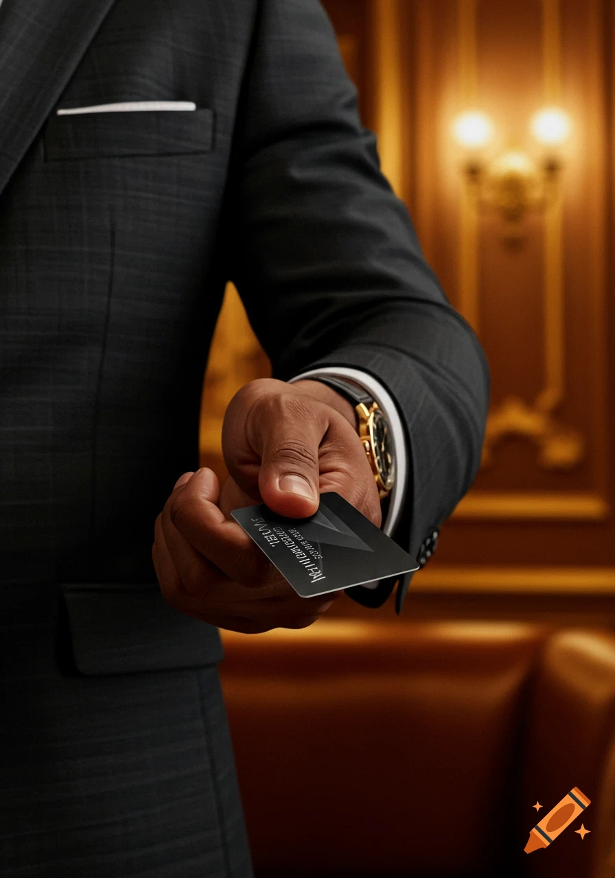 Close-up of a man in a suit holding out a black credit card.