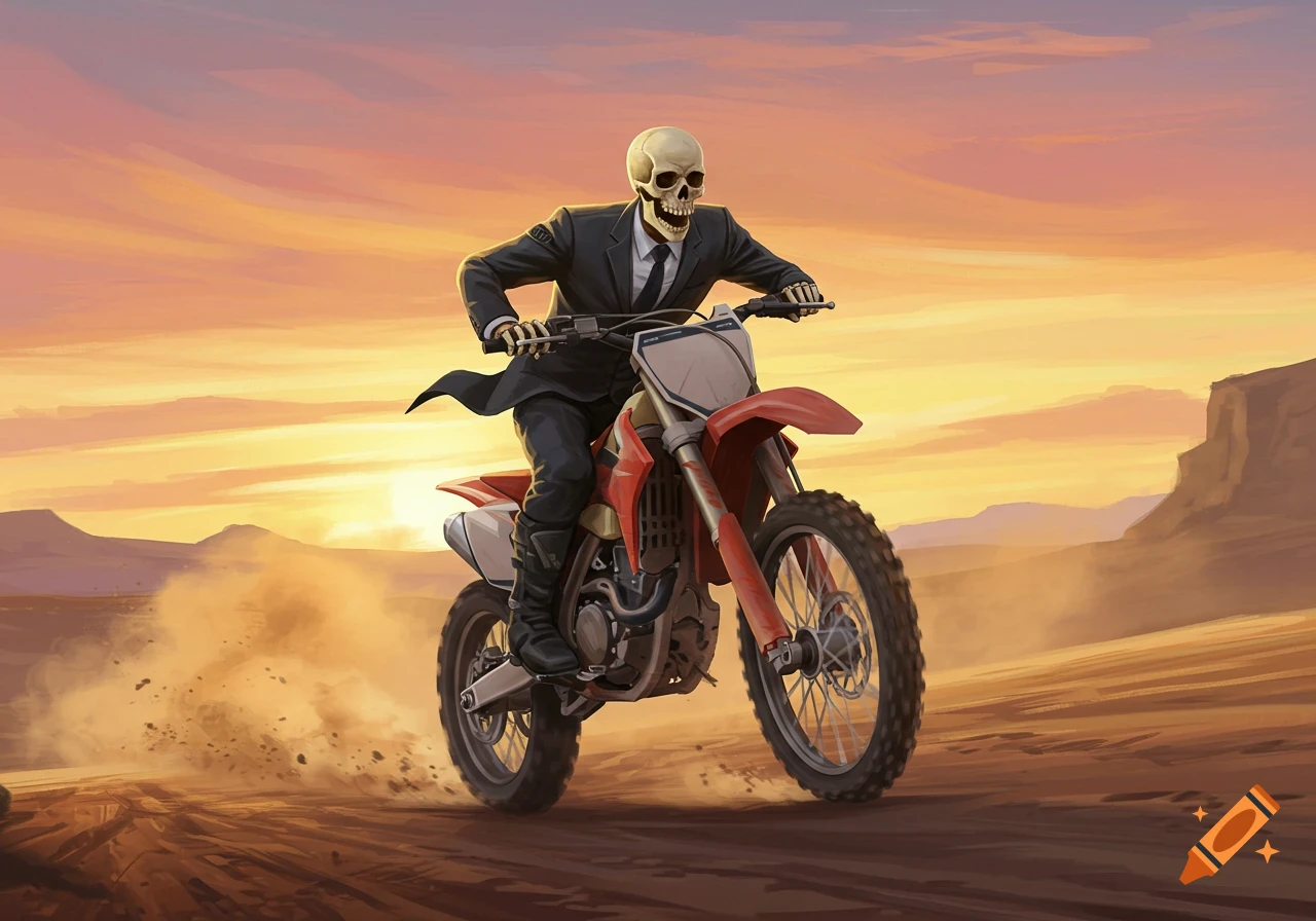 A skeleton in a suit rides a red dirt bike through a dusty desert at sunset.