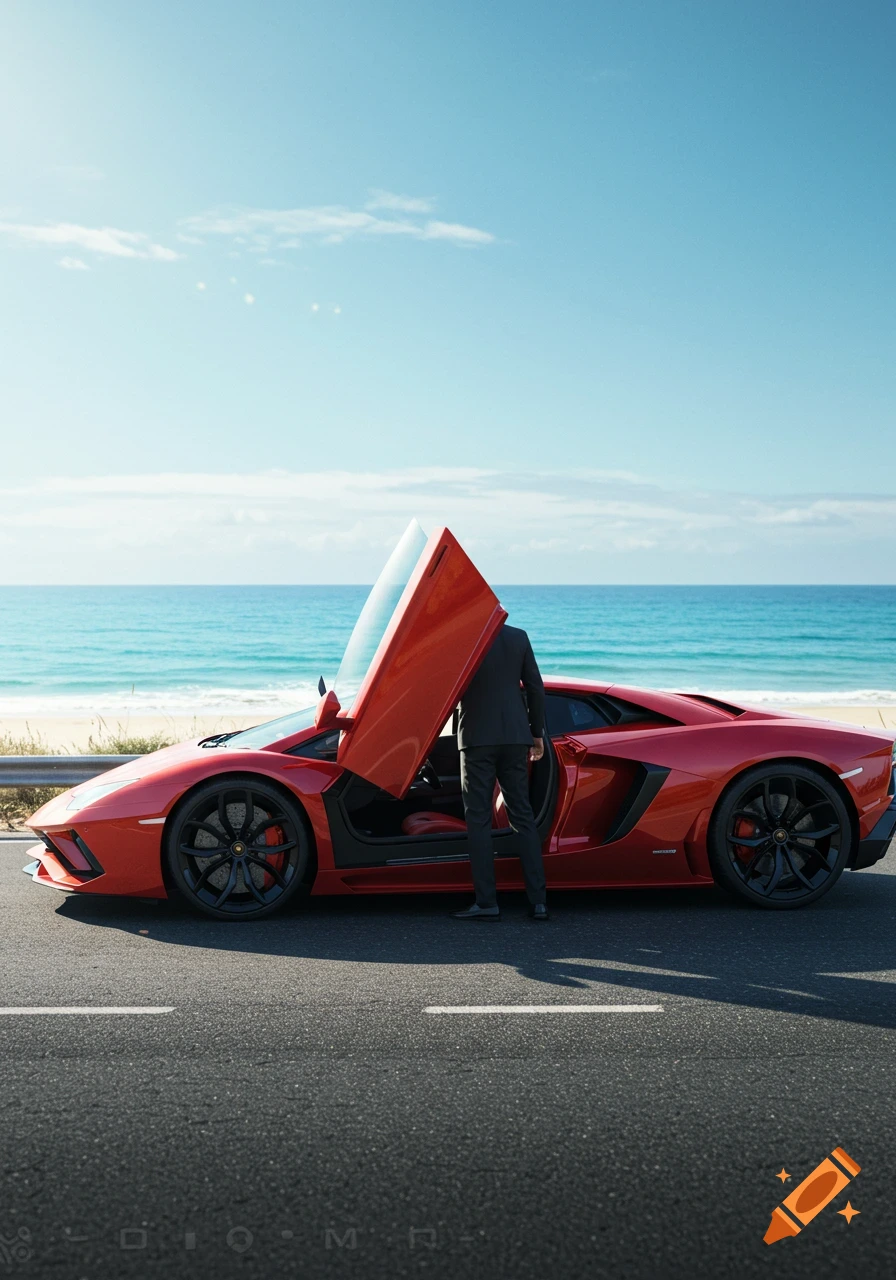 A person in a suit gets into a red Lamborghini parked on a road next to a sunny beach with a blue ocean.
