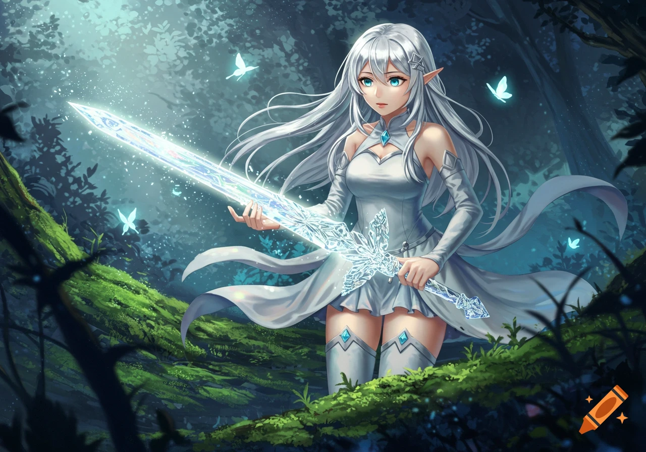 An anime-style elf-like woman with long white hair and a white dress holds a glowing crystal sword in a moonlit forest.
