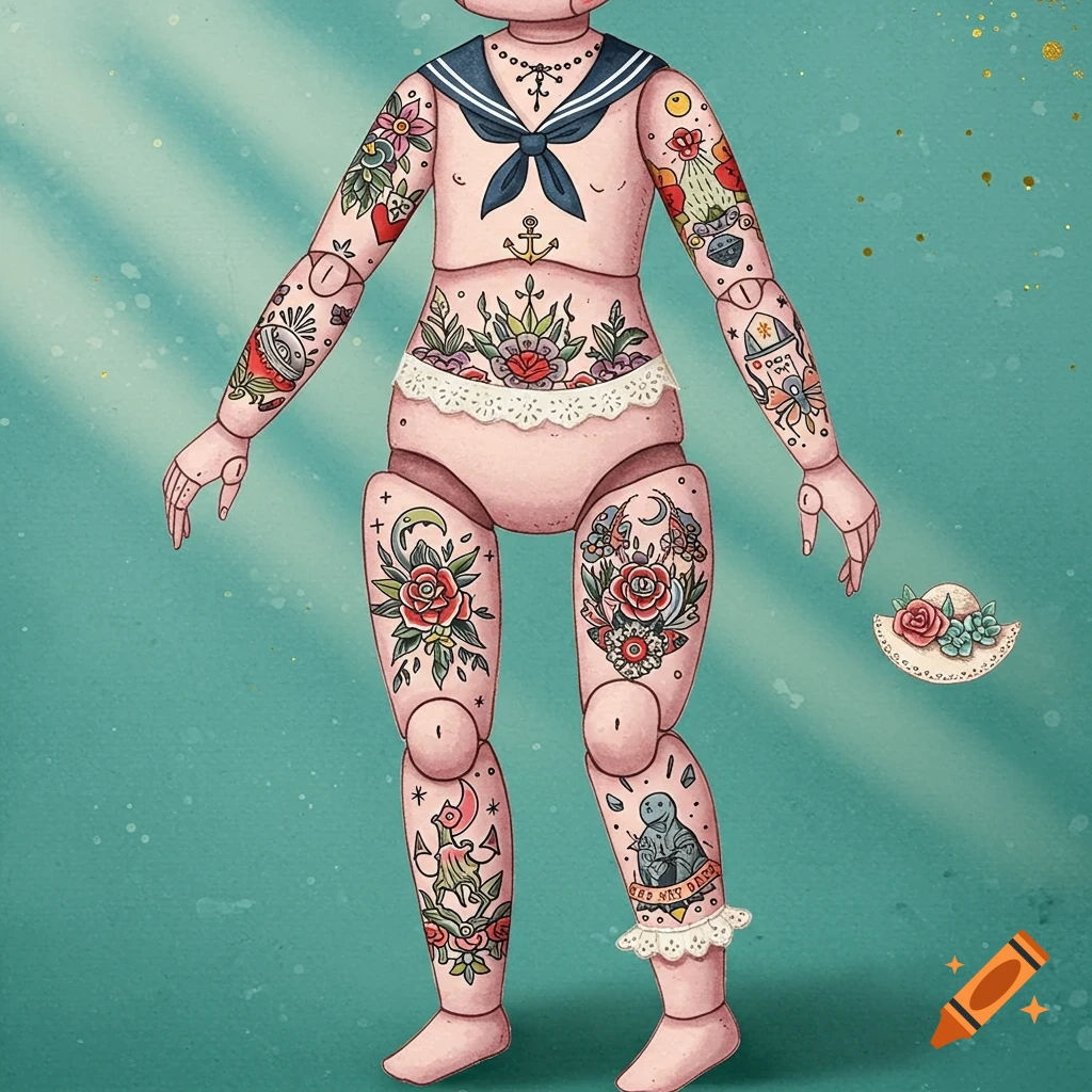 An illustrated paper doll with numerous colorful tattoos, wearing a sailor top and lace underwear, against a teal background.