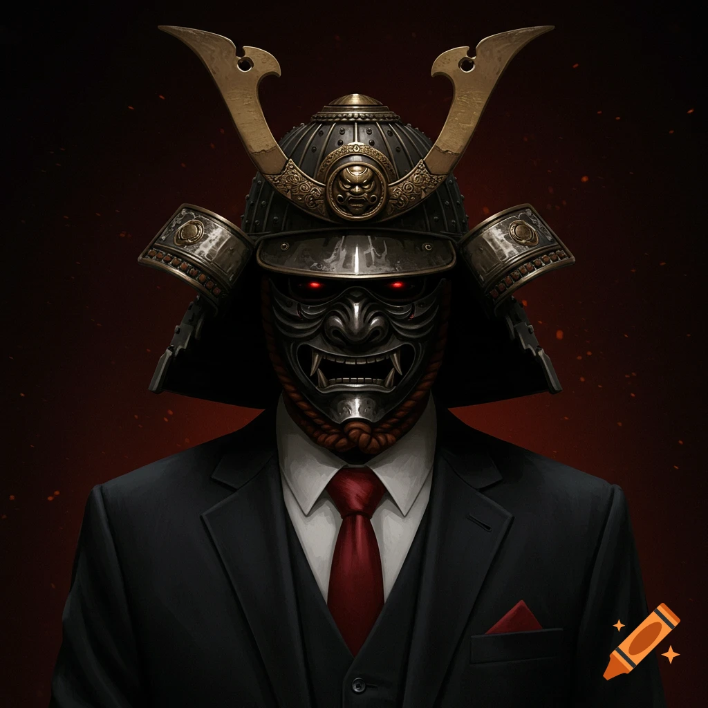 A person wearing a detailed samurai helmet with red glowing eyes and a black mask, combined with a black business suit and red tie, against a dark background.