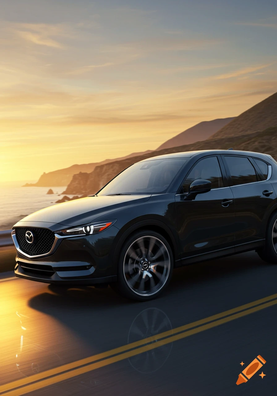 Dark grey Mazda CX-5 SUV driving on a coastal highway at sunset with mountains and ocean.