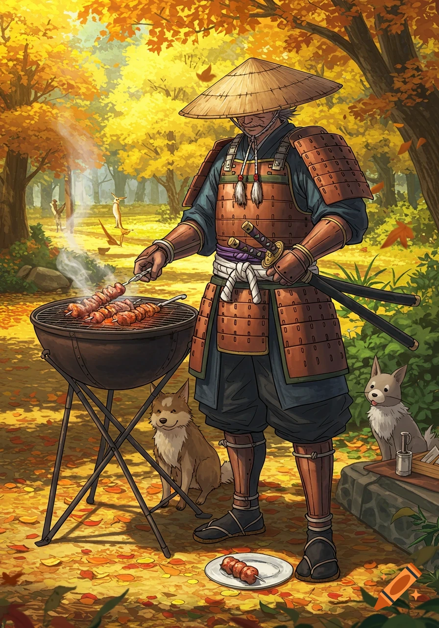 An illustrated samurai in armor cooks skewers on an outdoor grill in an autumn park with two dogs nearby.