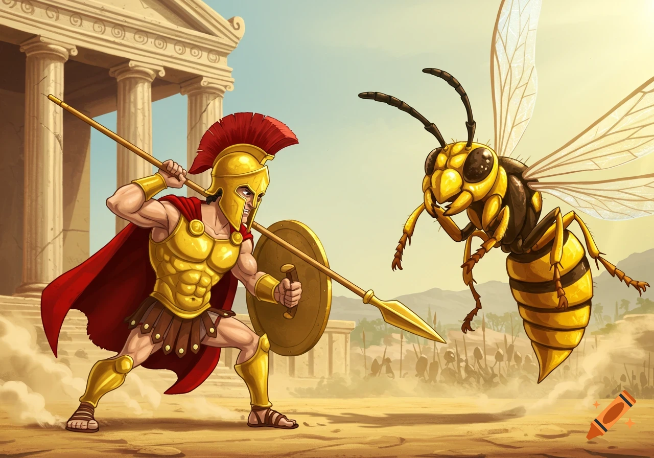 A cartoon Spartan warrior in golden armor with a red cape, holding a spear and shield, confronting a giant yellow jacket wasp in front of ancient temple ruins.
