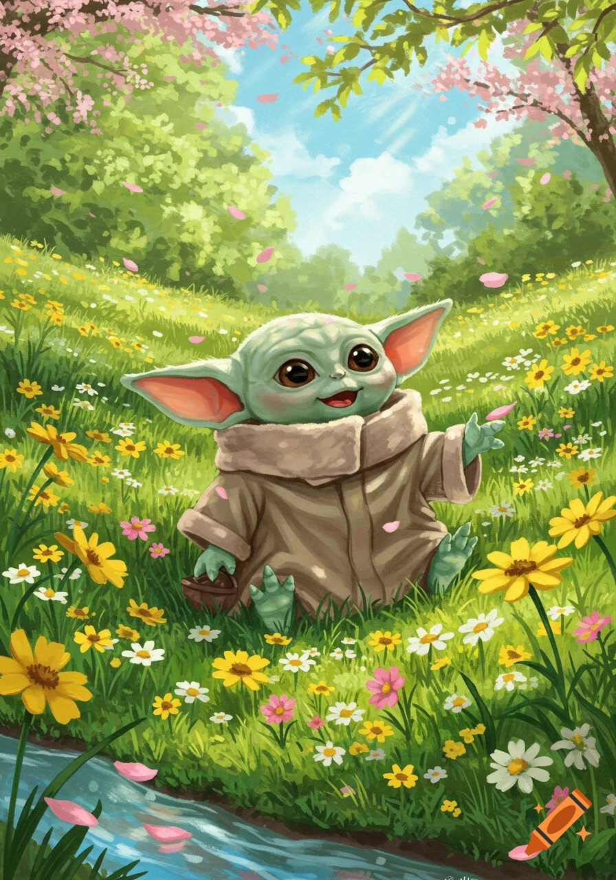 Grogu, also known as Baby Yoda, sits happily in a vibrant spring meadow filled with colorful yellow, white, and pink wildflowers and green grass. Cherry blossom petals fall around him, and a small stream flows nearby.
