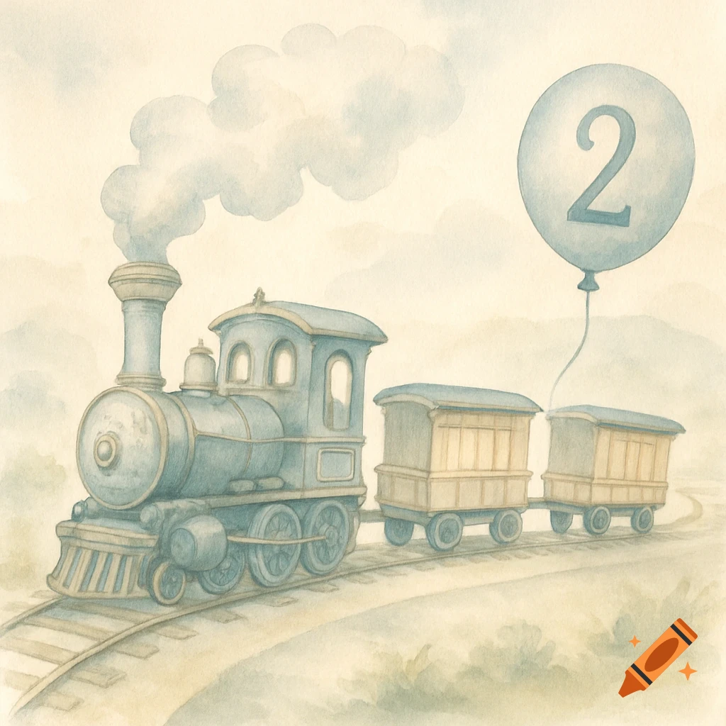 A watercolor illustration of a pale blue train on tracks, with two carts and a balloon with the number 2.