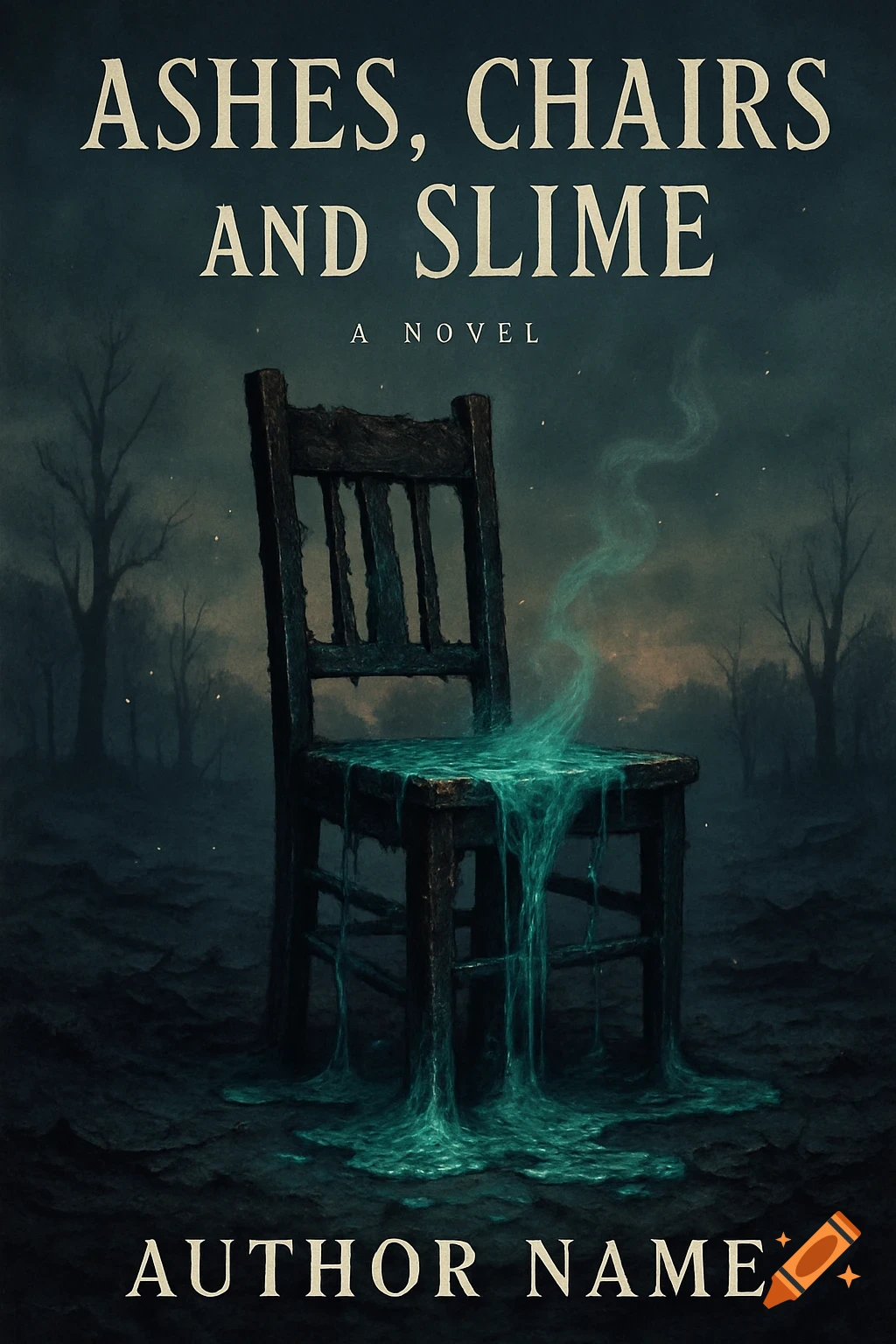 Dark, moody book cover of a weathered wooden chair covered in glowing green slime, with trees in the background. Title: ASHES, CHAIRS AND SLIME.