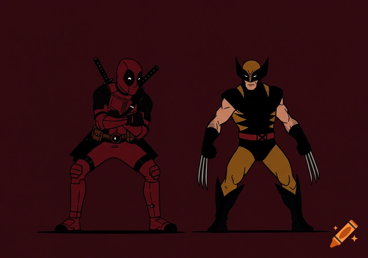Deadpool and Wolverine in a stylized outline art against a burgundy background.