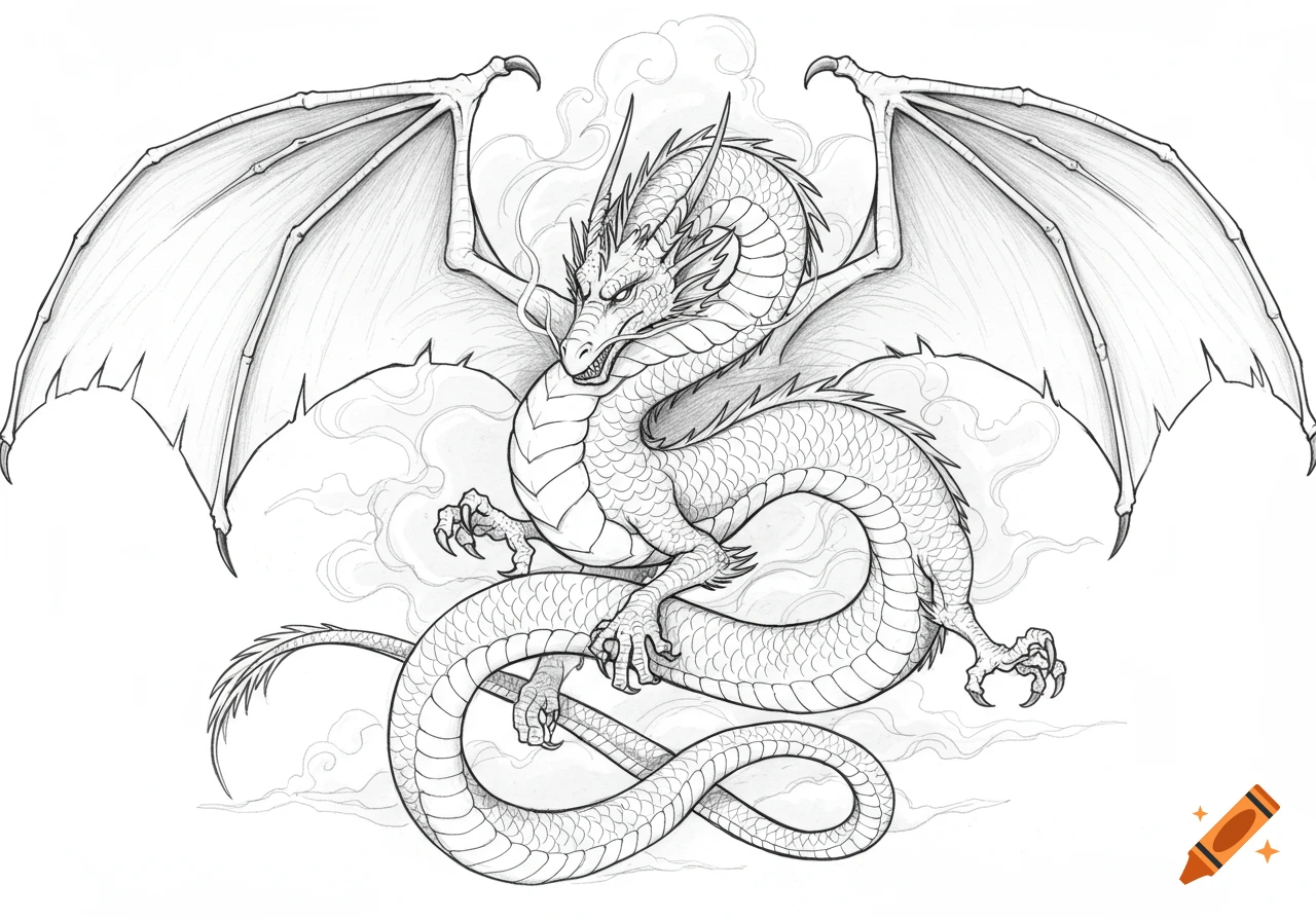 Hand-drawn sketch of a winged dragon with a coiled body, surrounded by smoke.
