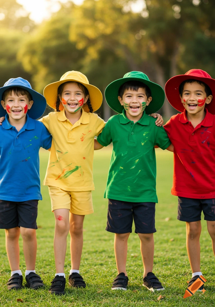 Four smiling children in blue, yellow, green, and red uniforms with paint on their faces and clothes stand together outdoors.