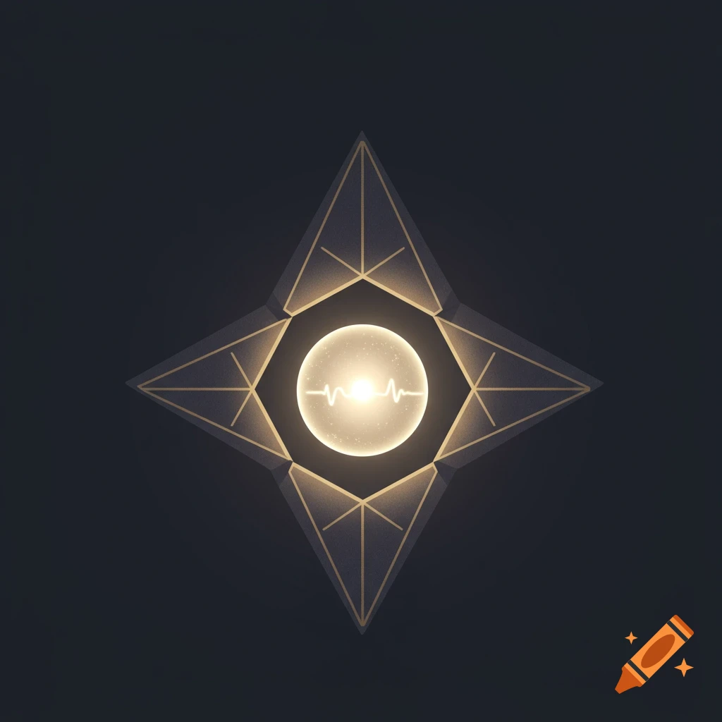 A minimalist, glowing geometric star-like symbol with a central bright orb containing a subtle wavy line, set against a dark background.