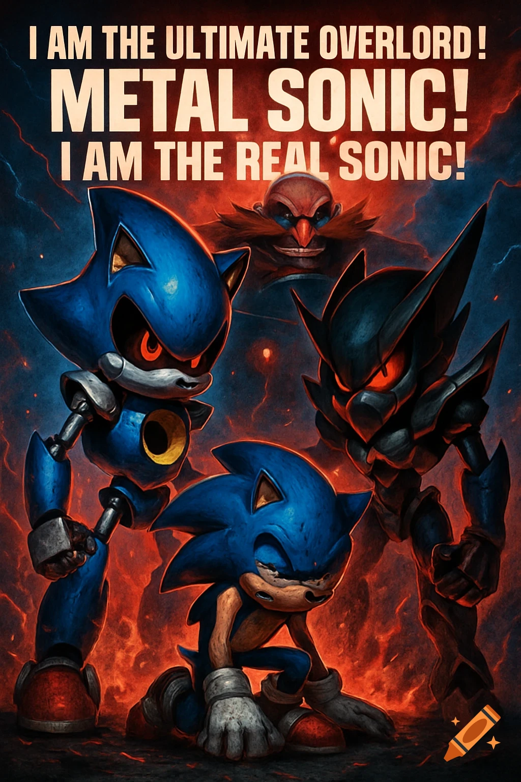 A dramatic movie poster featuring Metal Sonic and Neo Metal Sonic, with a weakened Sonic and Dr. Eggman in a fiery, stormy setting.