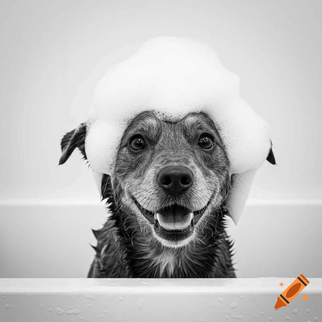 A black and white close-up photo of a happy dog in a bubble bath with a large amount of foam on its head.