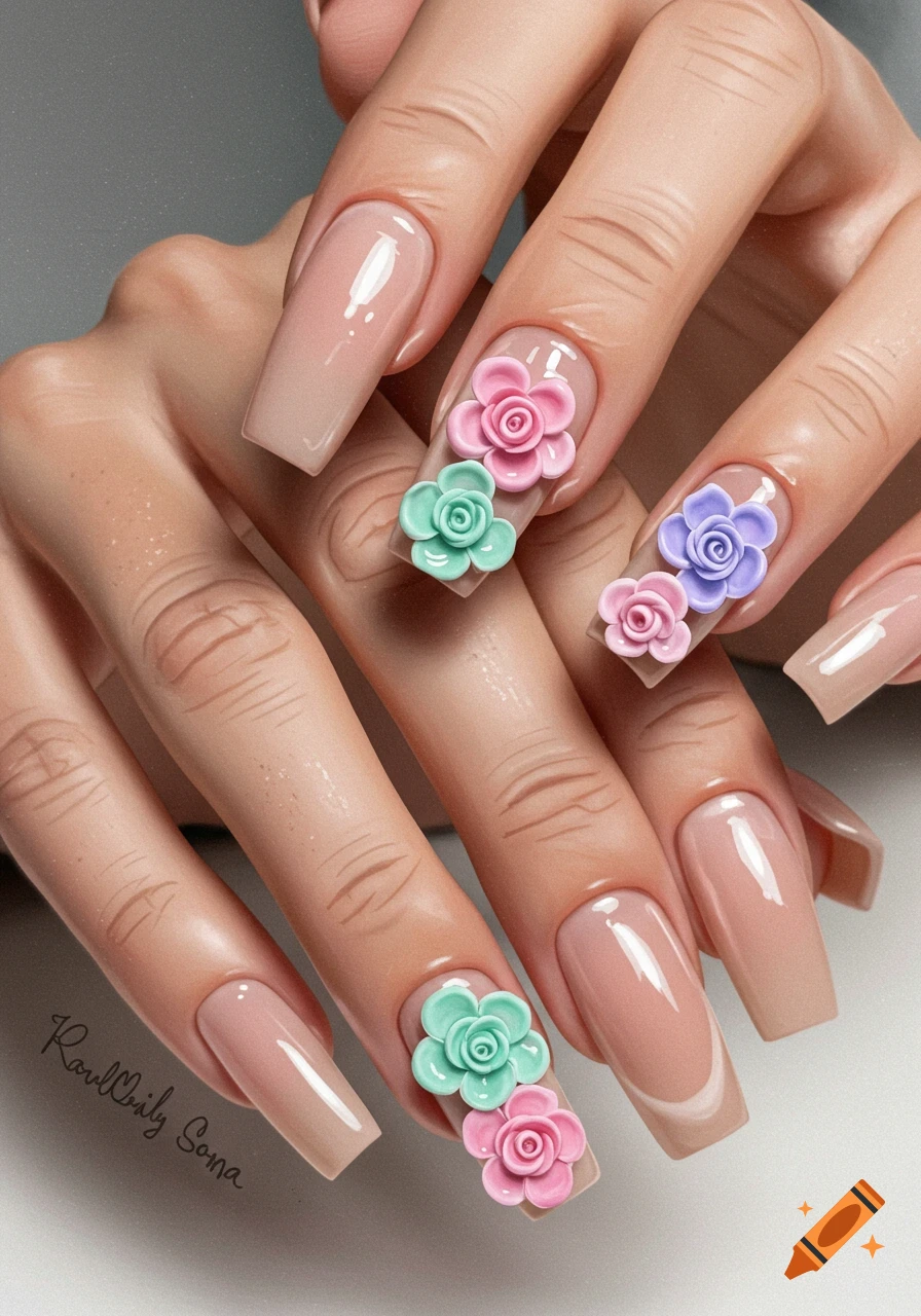 Close-up of hands with long, nude-colored square nails, adorned with pink, teal, and purple 3D blooming gel flowers.