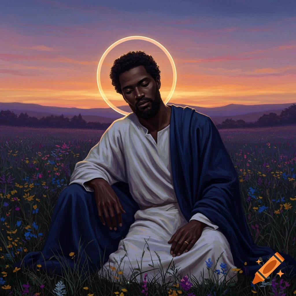 A dark-skinned man resembling Jesus with a halo sits in a field of wildflowers at sunset.