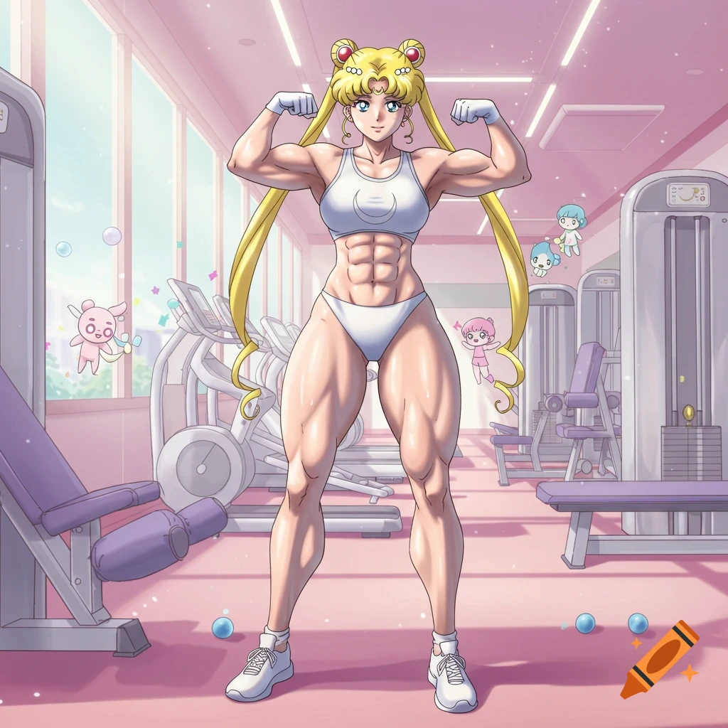 Sailor Moon, heavily muscular, flexes her arms and legs in a pink gym filled with equipment and floating cartoon creatures. Anime style.