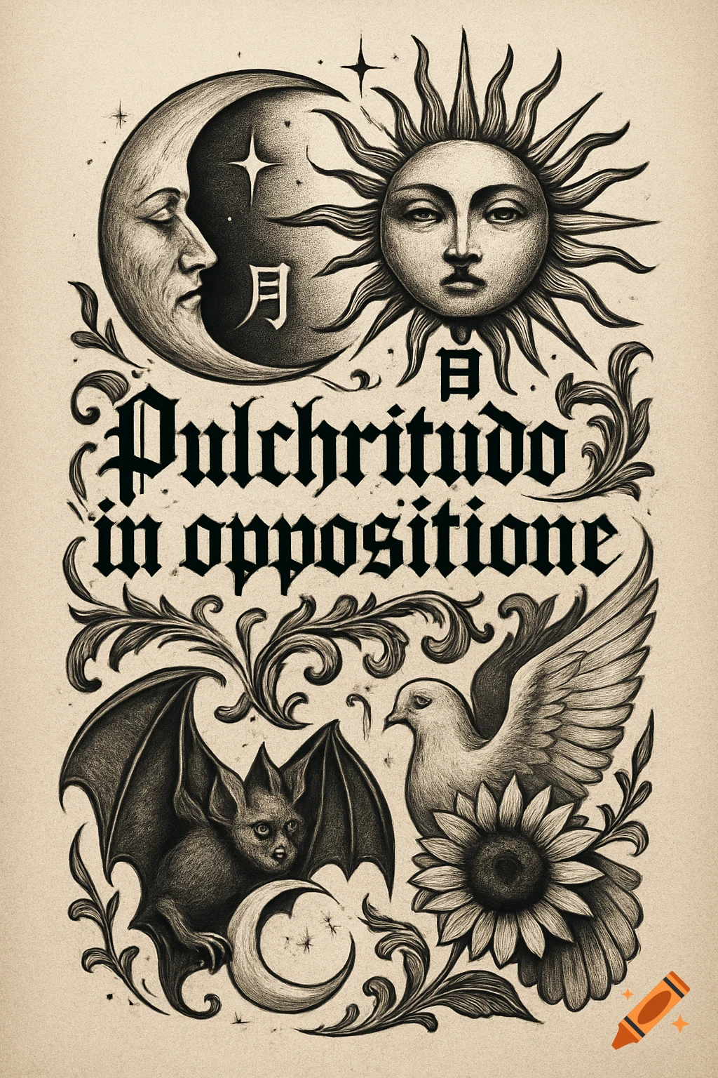 Gothic tattoo design with a half moon and sun, Latin text 'Pulchritudo in oppositione', a bat, a dove, and a sunflower in a vintage sketch style.