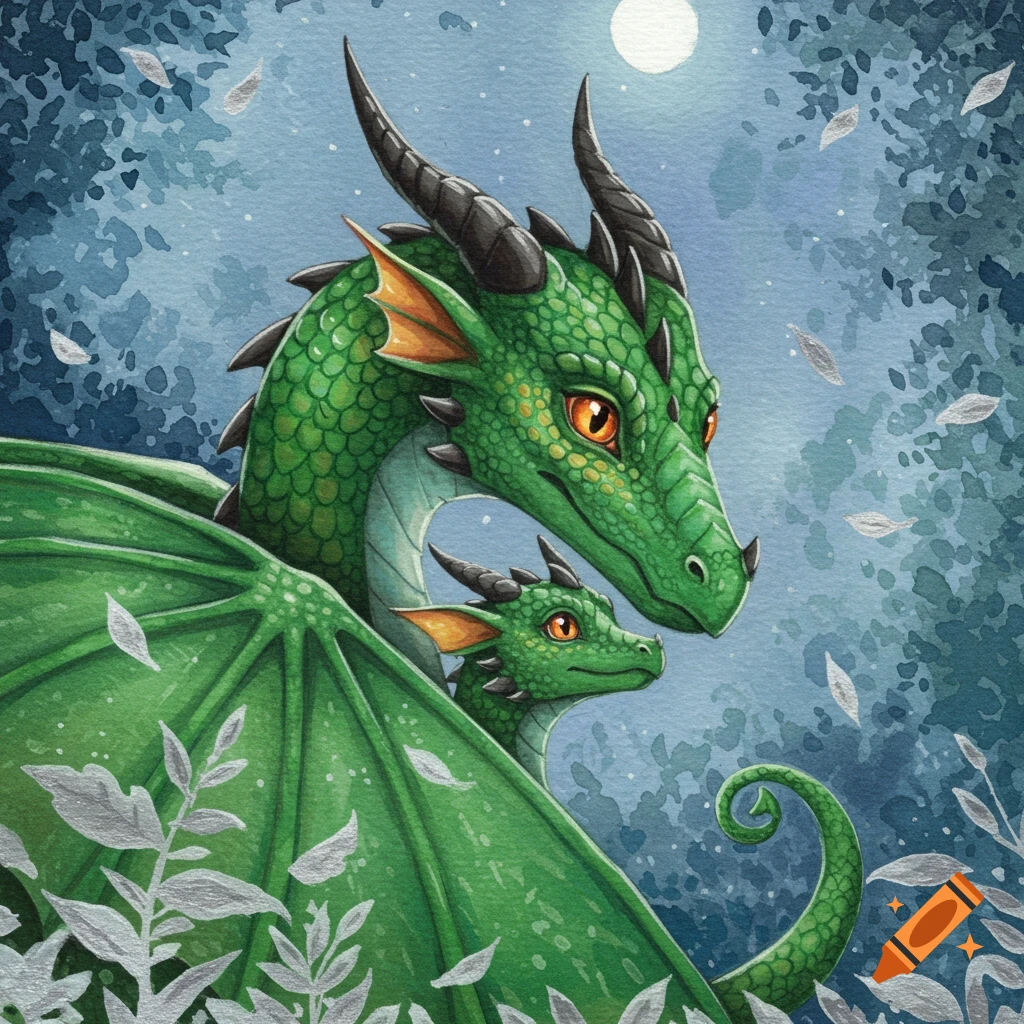 Two emerald green dragons, a parent and child, in a soft, moonlit watercolor forest clearing.