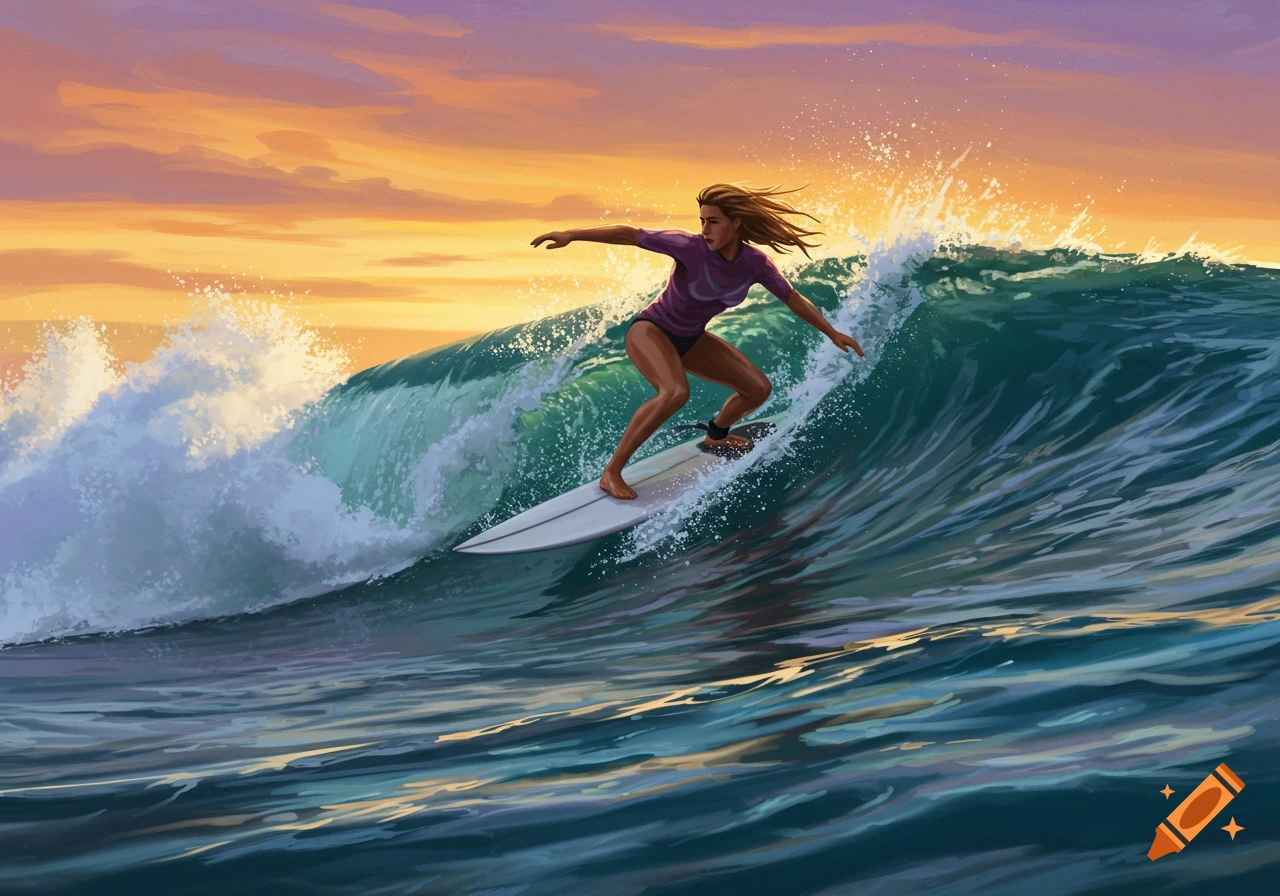 A woman in a purple shirt and dark shorts surfs a large green wave at sunset.