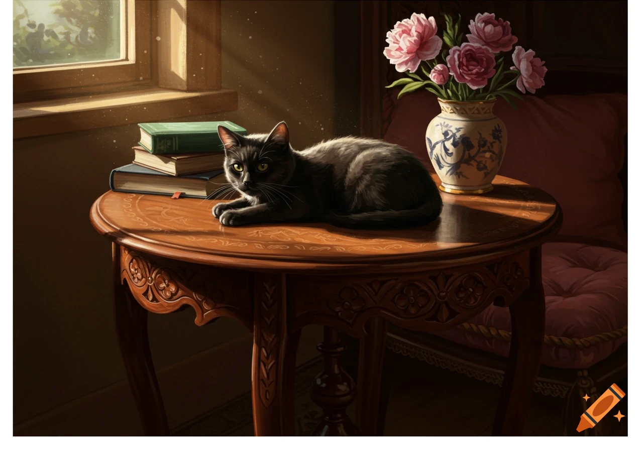 A black cat lies on a wooden table next to a stack of books and a vase of pink flowers, with sunlight streaming through a window.