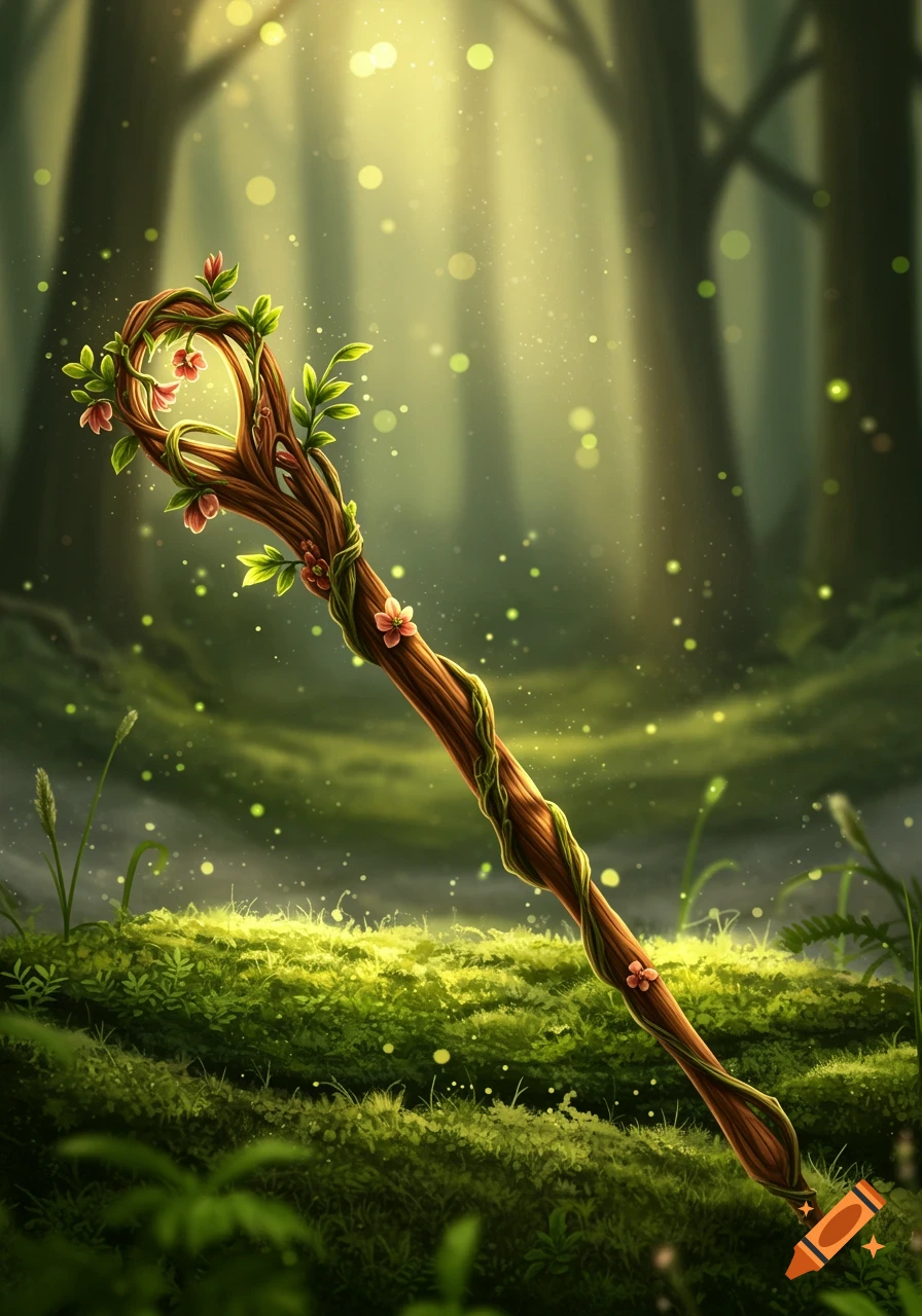A fantastical wooden staff adorned with green vines and pink flowers, standing in a magical, sunlit forest with glowing particles.